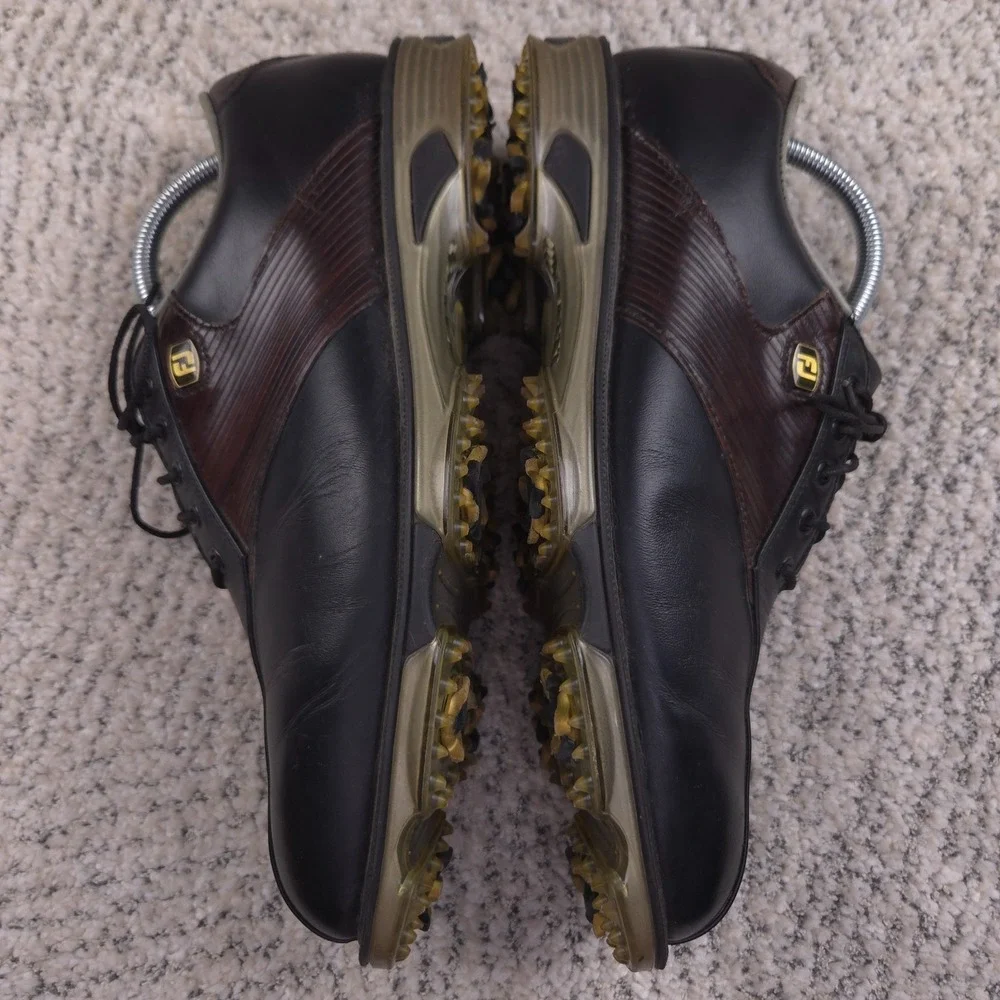 FootJoy DryJoys Tour Golf Shoes Mens Size 9 Black Brown Leather Lace Up Spikes